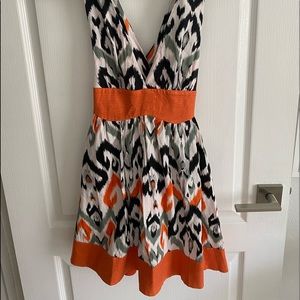 Bebe Print Deep Plunge Leather Trim Dress